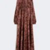 Flared printed silk dress, bordeaux