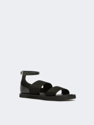 Flat sandals in leather and elasticated webbing, black
