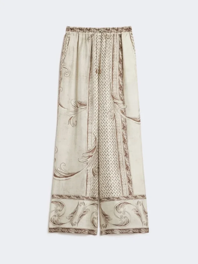 Fluid printed silk trousers, ivory