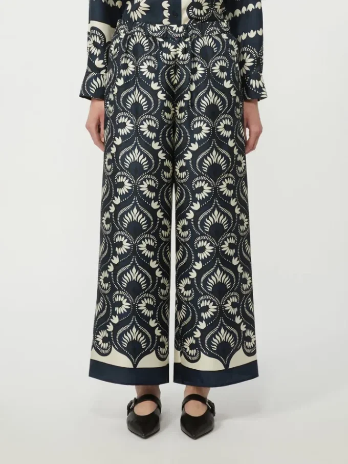 Fluid printed silk trousers, navy