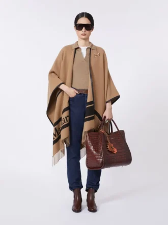 Jacquard wool poncho, camel