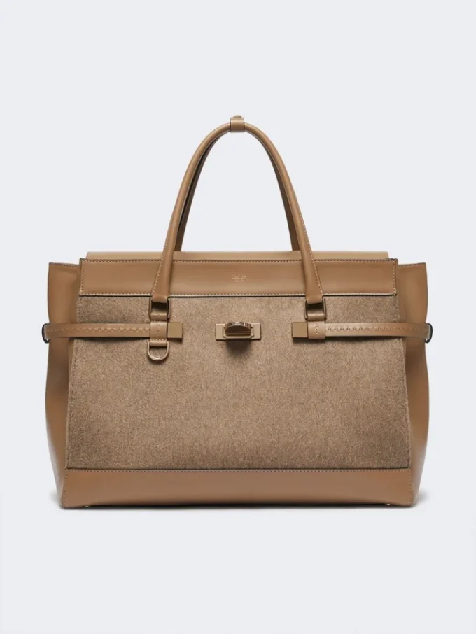 Large cashmere and leather handbag, brown