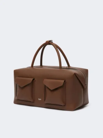 Large leather boston bag with pockets, brown