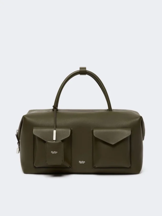 Large leather boston bag with pockets, dark brown