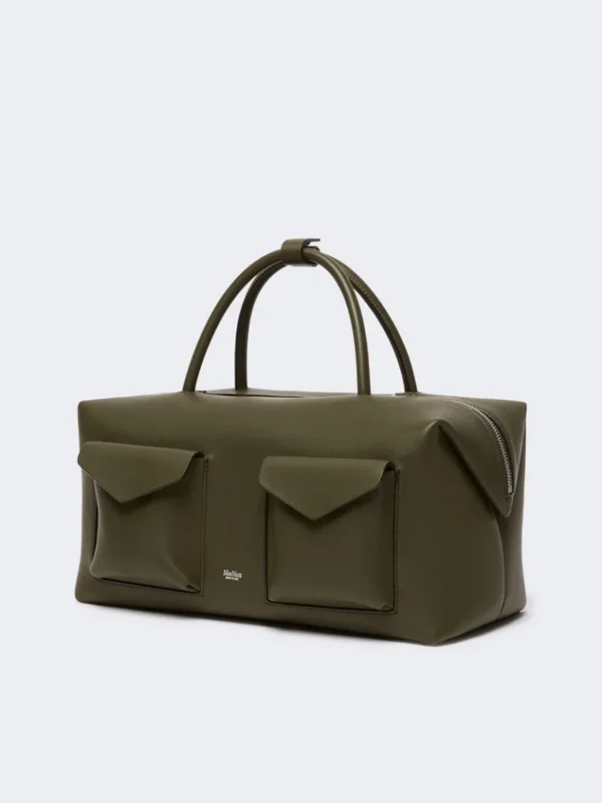 Large leather boston bag with pockets, dark brown