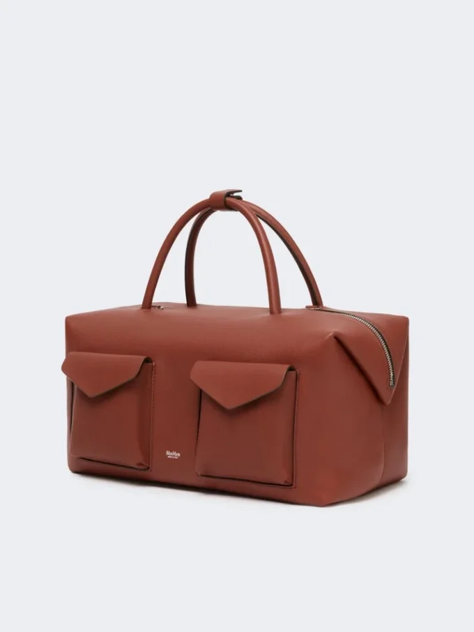 Large leather boston bag with pockets, rust