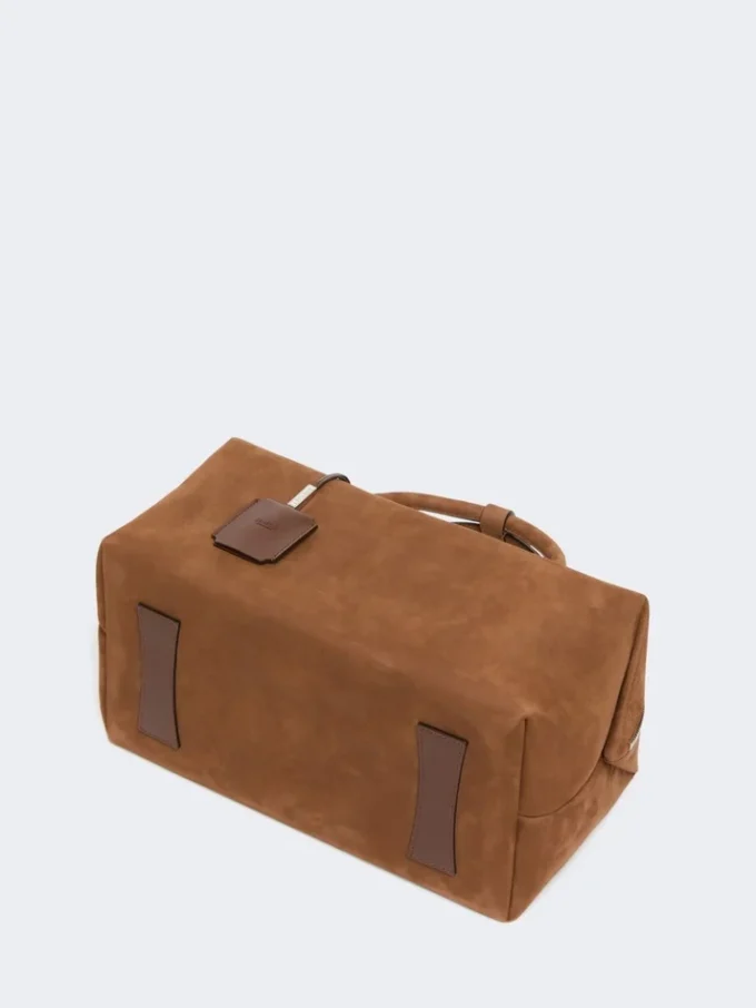 Large nubuck leather boston bag, dark brown