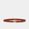 Leather belt with logo buckle, tobacco