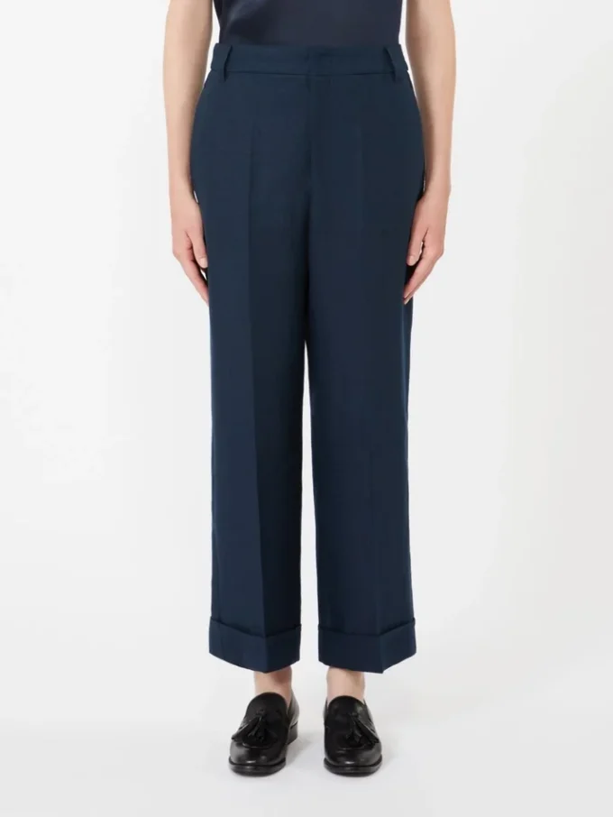 Linen basketweave straight trousers, midnightblue