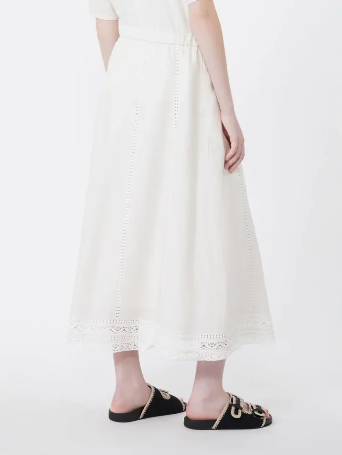 Linen skirt with à jour embroidery, ecru