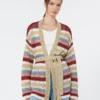 Linen yarn cardigan with belt, cherry