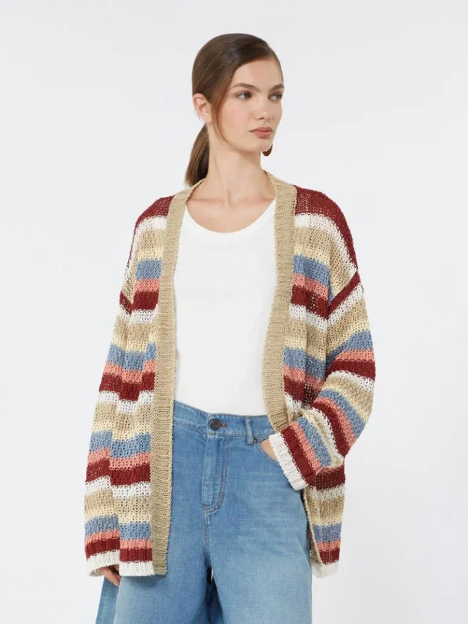 Linen yarn cardigan with belt, cherry