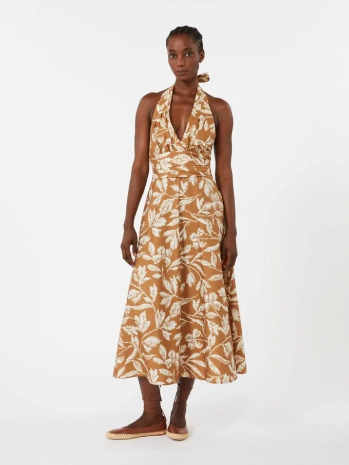 Long dress in printed poplin, caramel
