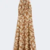 Long dress in printed poplin, caramel
