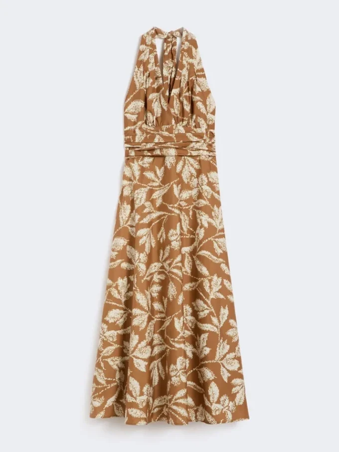 Long dress in printed poplin, caramel
