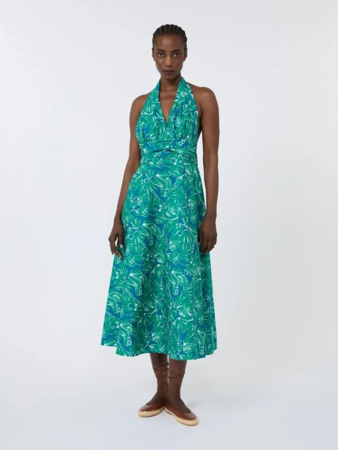 Long dress in printed poplin, emerald Long dress in printed poplin, emerald