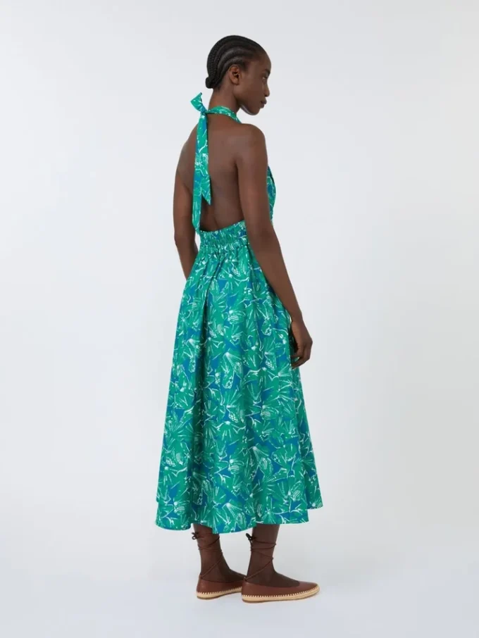 Long dress in printed poplin, emerald Long dress in printed poplin, emerald