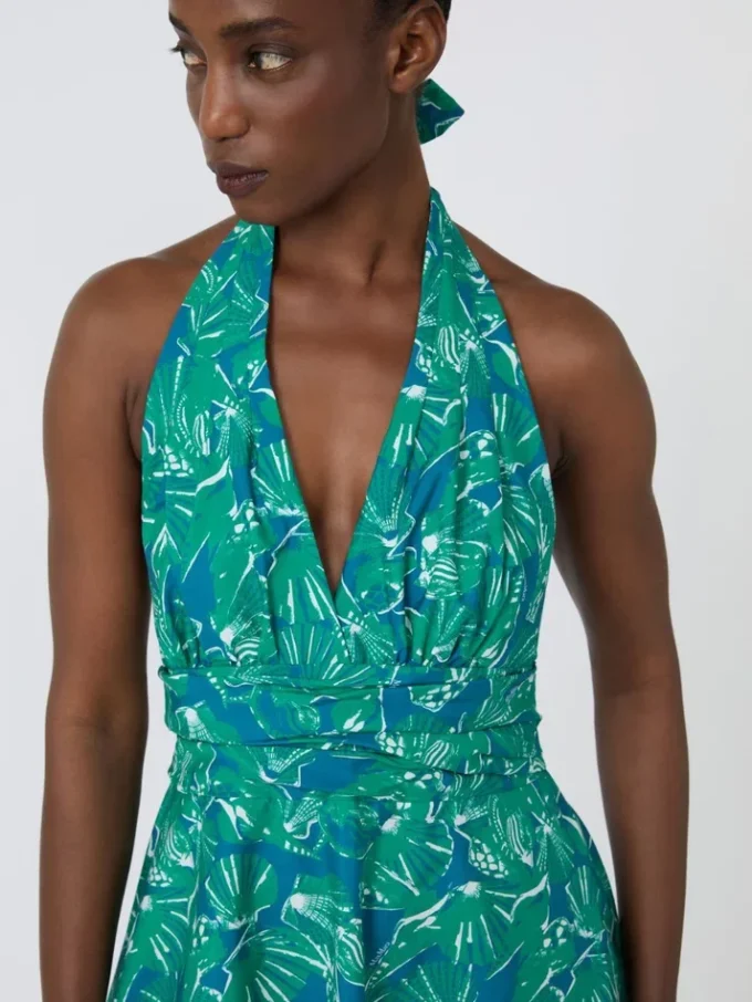 Long dress in printed poplin, emerald Long dress in printed poplin, emerald