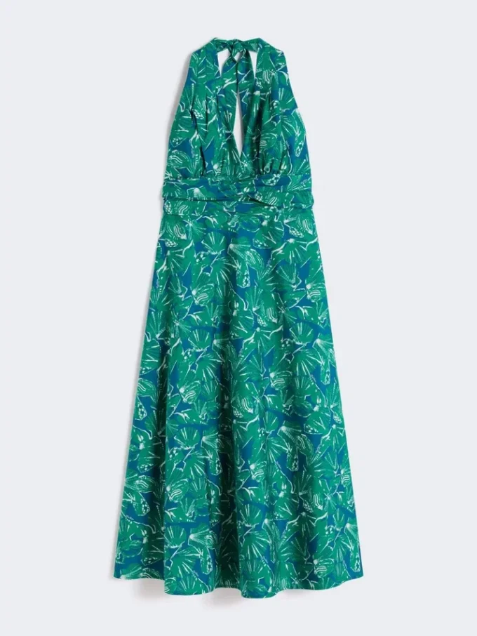 Long dress in printed poplin, emerald Long dress in printed poplin, emerald