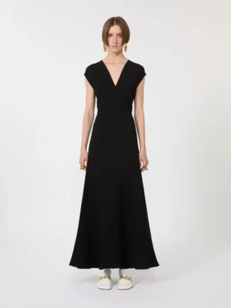 Long dress with v-neck in canneta, black