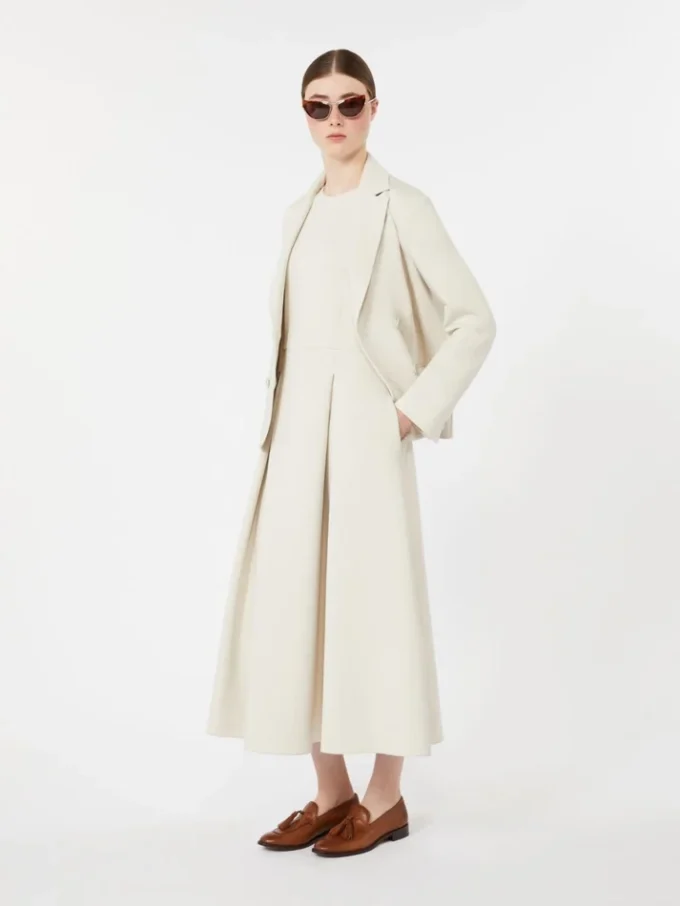 Long flared scuba jersey dress, beige Long flared scuba jersey dress, beige