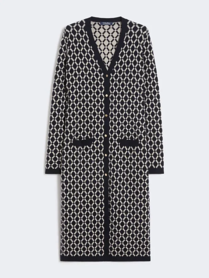 Long jacquard wool cardigan, ultramarine