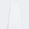 Long sleeveless pure cotton dress, optical white