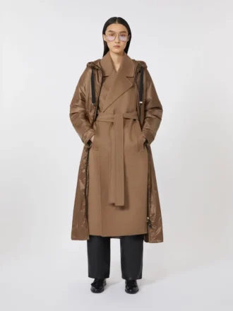 Long water-repellent canvas padded parka, tobacco