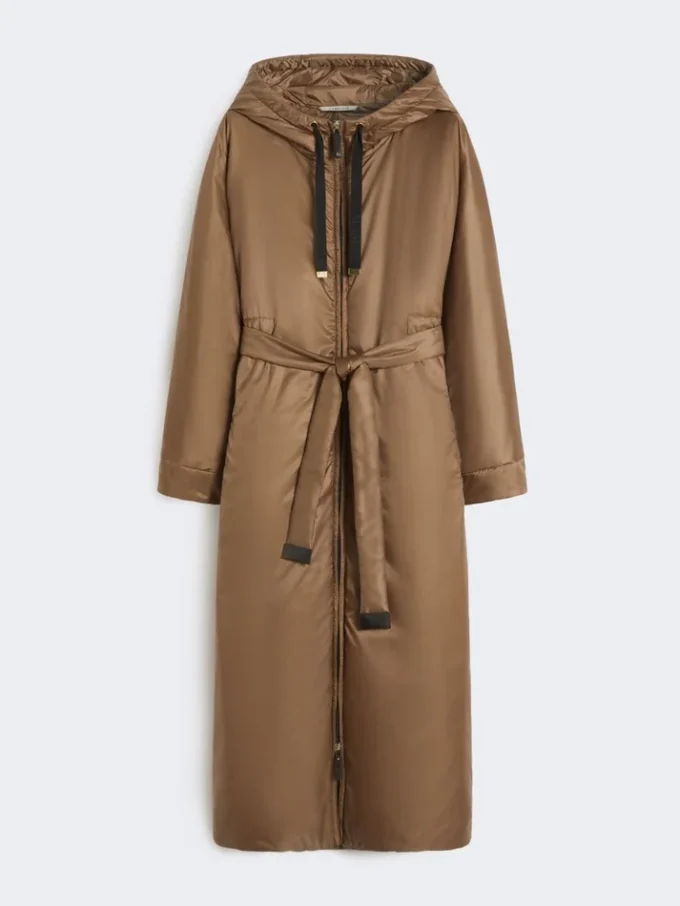 Long water-repellent canvas padded parka, tobacco