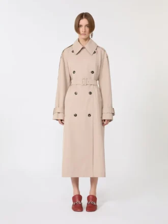 Long water-repellent twill trench coat, beige