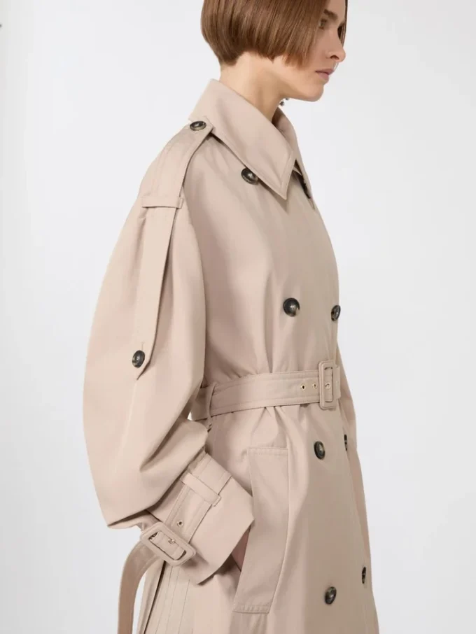Long water-repellent twill trench coat, beige
