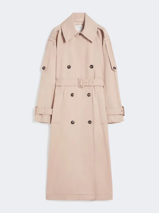 Long water-repellent twill trench coat, beige