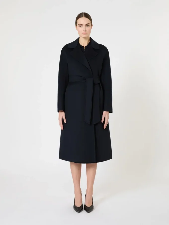 Long wool, cashmere and silk coat, navy