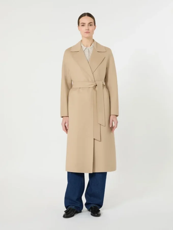 Long wool, cashmere and silk coat, sand
