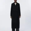 Long wool coat with half-belt detail, black