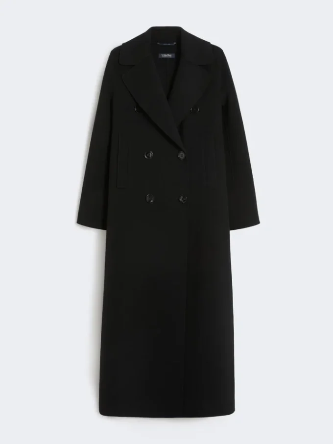 Long wool coat with half-belt detail, black
