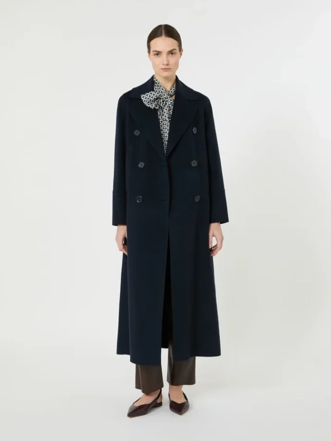 Long wool coat with half-belt detail, midnightblue