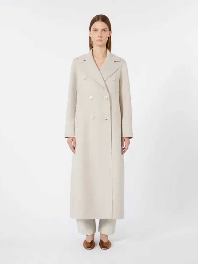 Long wool coat with half-belt detail, sand
