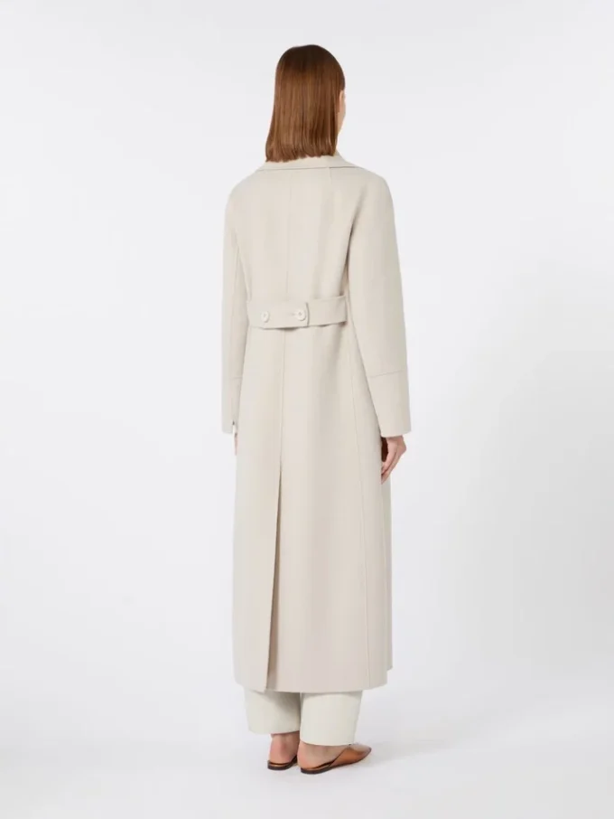 Long wool coat with half-belt detail, sand