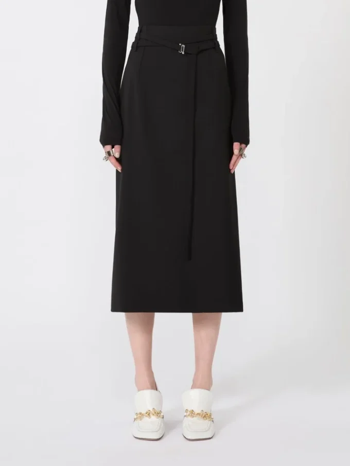 Long wool skirt with belt, black Long wool skirt with belt, black