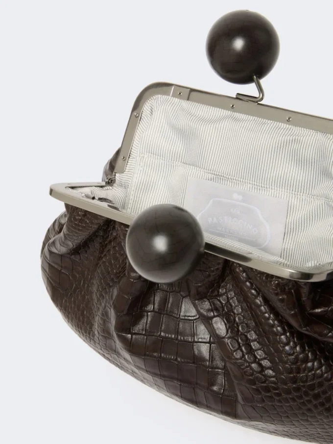 Medium crocodile-print leather pasticcino bag, dark brown