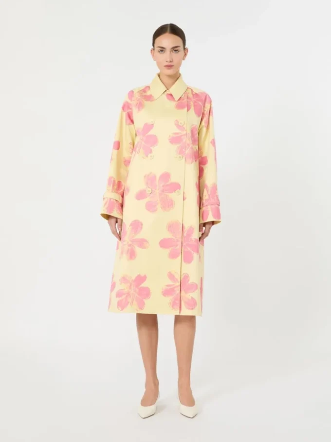 Midi trench coat in patterned water-repellent gabardine, yellow