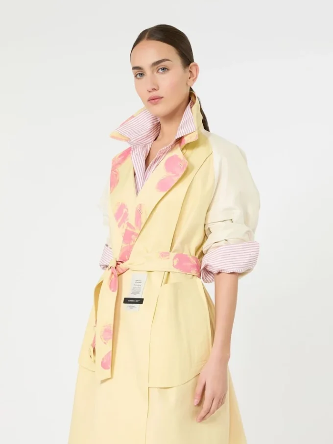 Midi trench coat in patterned water-repellent gabardine, yellow