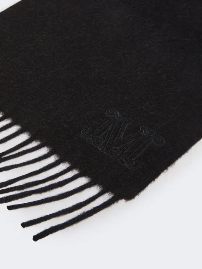 Monogram-embroidered camel stole, black Monogram-embroidered camel stole, black