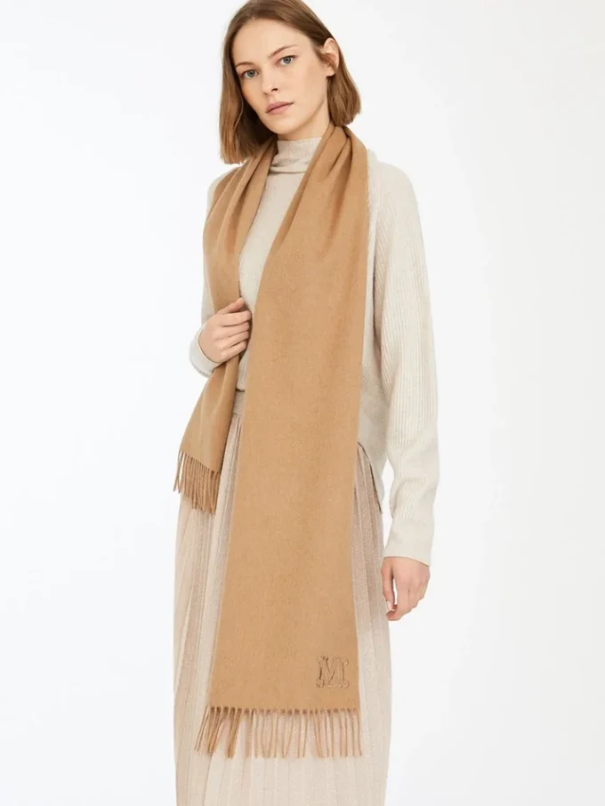 Monogram-embroidered camel stole, camel Monogram-embroidered camel stole, camel