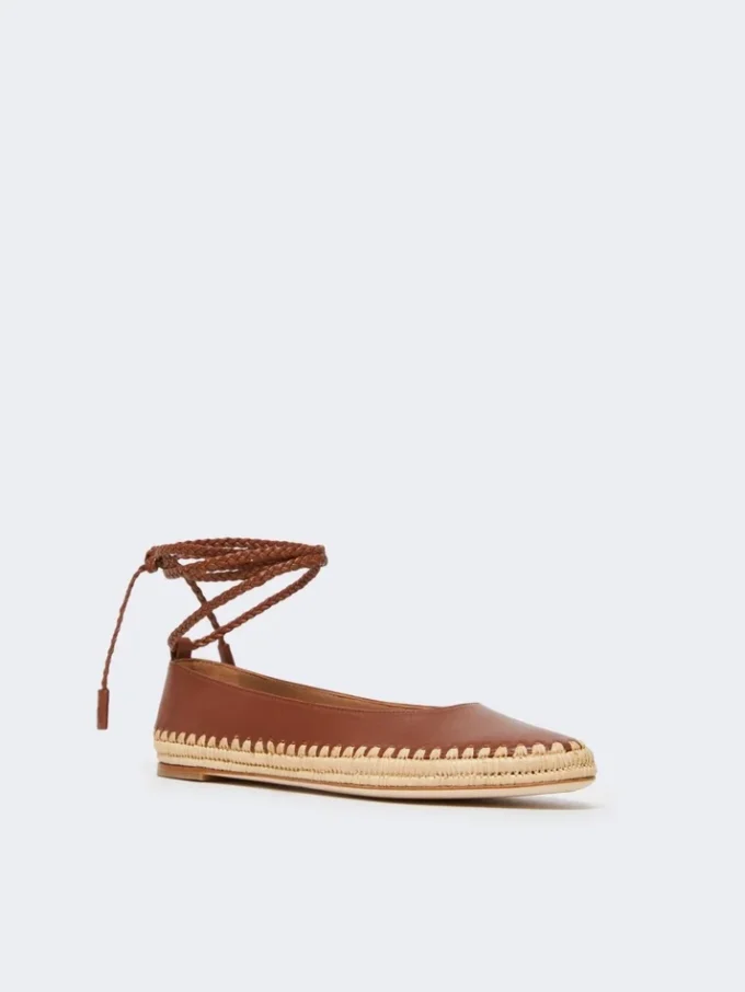 Nappa and raffia ballerinas, tobacco