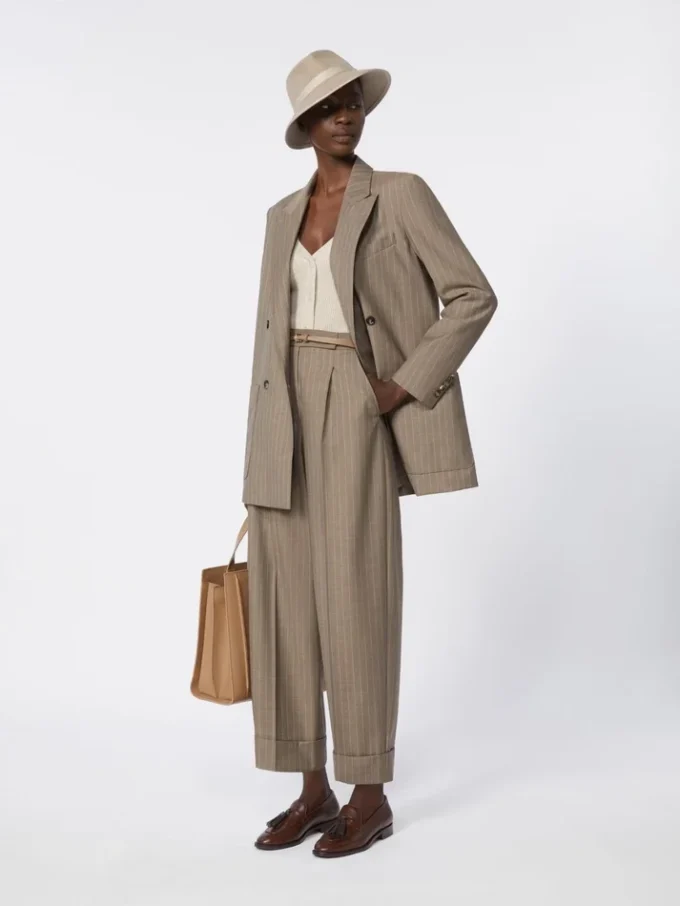 Pinstripe wool trousers, hazelnut brown