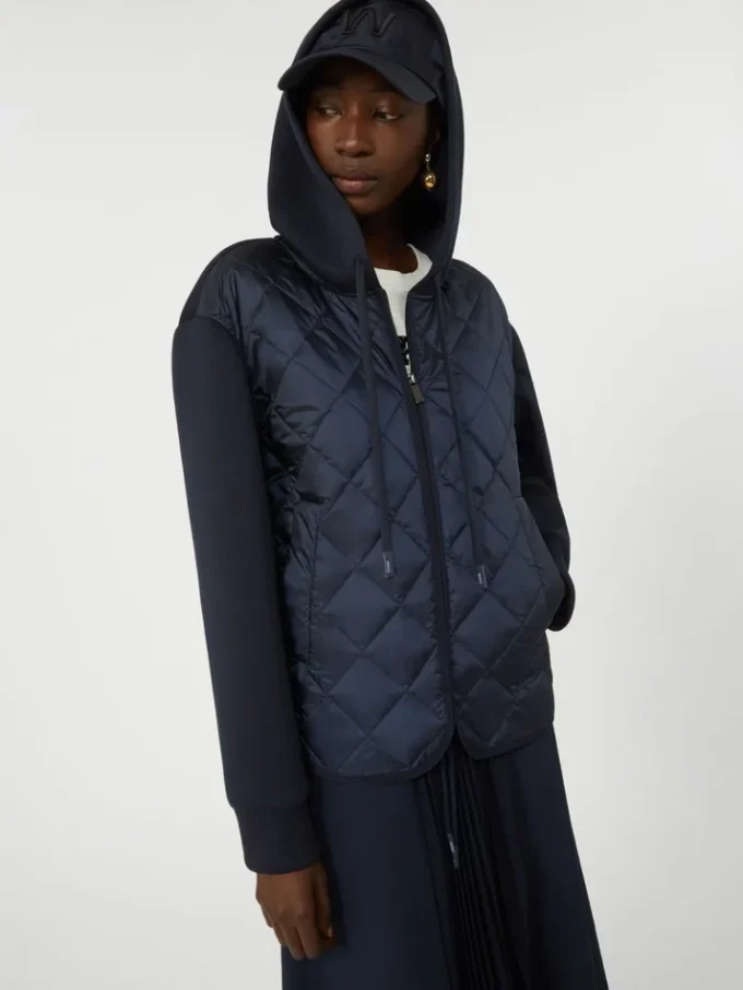 Padded, hooded jacket in water-repellent canvas and jersey, navy