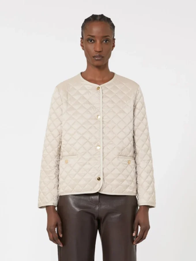 Padded water-repellent canvas round-neck jacket, natural