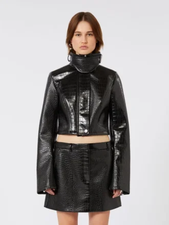 Patent leather cropped jacket with alligator print, black